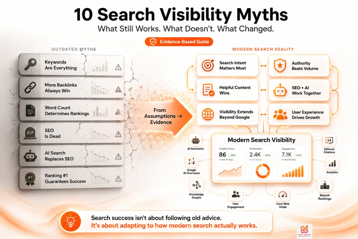 Search visibility myths - Comparison of SEO and AI search myths versus modern search visibility strategies based on evidence, authority, and user experience.