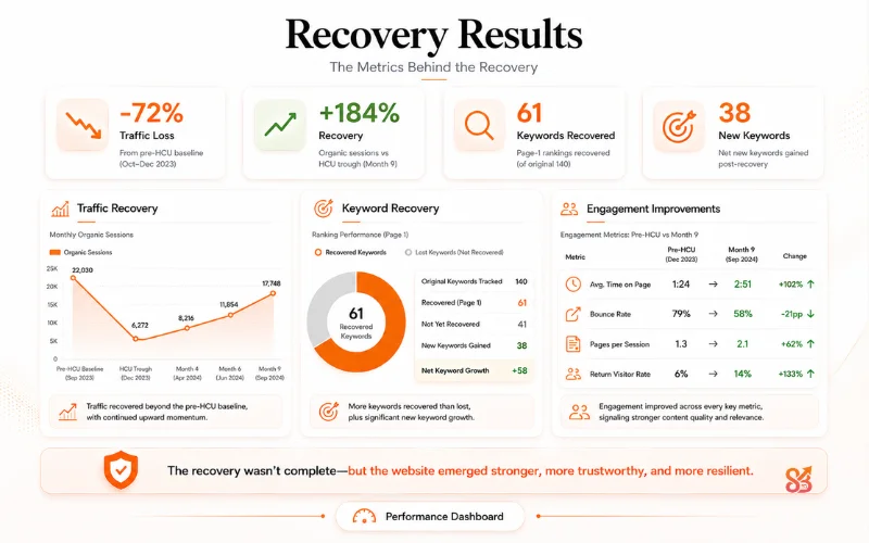 Executive KPI dashboard summarizing the recovery metrics
