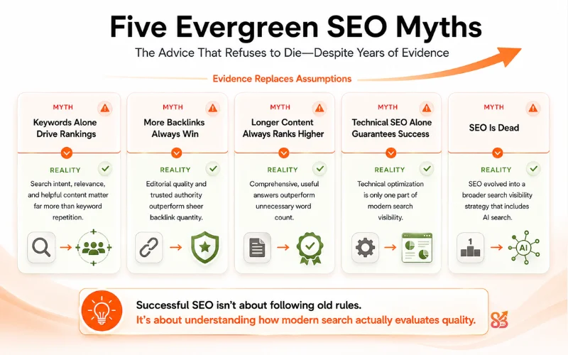 Infographic comparing five common SEO myths with modern ranking realities focused on intent, authority, quality, and AI search.
