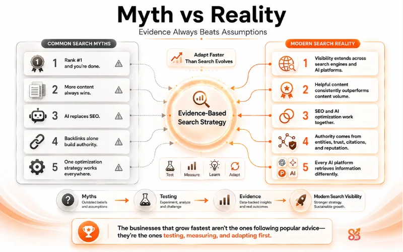 Executive framework contrasting outdated search myths with evidence-based strategies for modern SEO and AI search visibility.