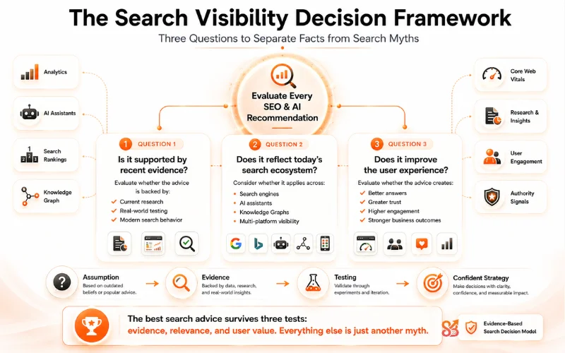Decision framework for evaluating SEO and AI advice using evidence, modern search relevance, and user experience principles.