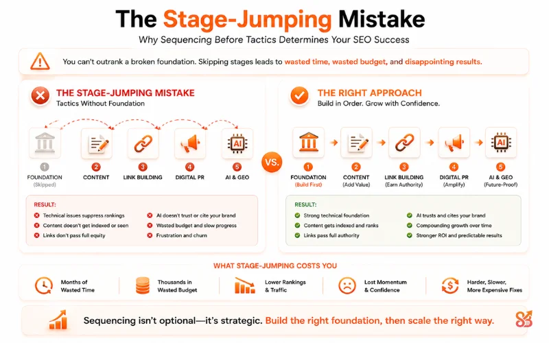 Diagram showing the stage-jumping mistake where businesses skip SEO foundations before AEO, GEO, AIO, and advanced optimisation