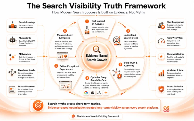 Circular framework illustrating evidence-based search growth through testing, trust, user experience, and continuous optimization.