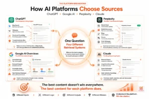 Comparison of ChatGPT, Google AI Overviews, Perplexity, and Claude showing how each AI platform retrieves information differently.