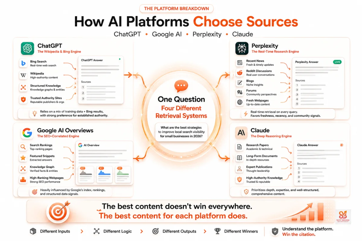 Comparison of ChatGPT, Google AI Overviews, Perplexity, and Claude showing how each AI platform retrieves information differently.